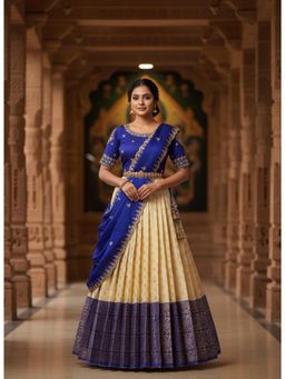 Fabcartz - Blue Unstitch Lehenga with Embroidery Work Blouse & Dupatta
