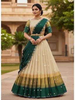Fabcartz - Green Unstitch Lehenga with Blouse and Hand Work Rangoli Dupatta