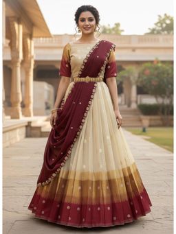 Fabcartz - Maroon Unstitch Lehenga with Blouse and Hand Work Rangoli Dupatta