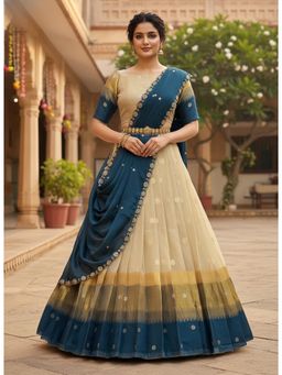 Fabcartz - Turquoise Unstitch Lehenga with Blouse and Hand Work Rangoli Dupatta