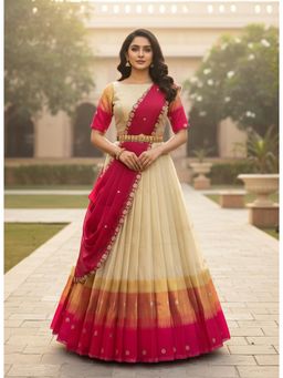 Fabcartz - Pink Unstitch Lehenga with Blouse and Hand Work Rangoli Dupatta