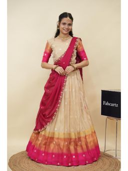 Fabcartz - Pink Semi-Stitch Lehenga with Unstitch Blouse and Hand Work Rangoli Dupatta