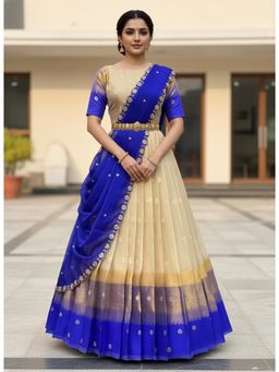 Fabcartz - Blue Unstitch Lehenga with Blouse and Hand Work Rangoli Dupatta