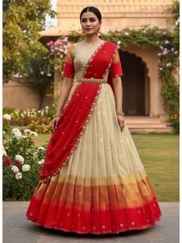 Fabcartz - Red Unstitch Lehenga with Blouse and Hand Work Rangoli Dupatta
