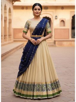 Fabcartz - Navy Blue Unstitch Lehenga with Blouse & Dupatta