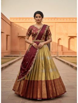Fabcartz - Cream Unstitch Lehenga with Embroidery Work Blouse & Dupatta