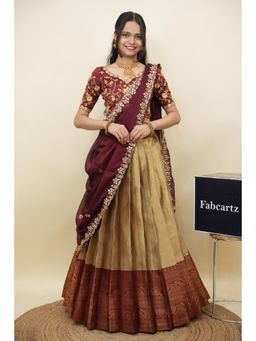 Fabcartz - Cream Semi-Stitch Lehenga with Unstitch Embroidery Work Blouse & Dupatta