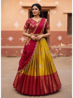 Fabcartz - Mustard Unstitch Lehenga with Embroidery Work Blouse & Dupatta