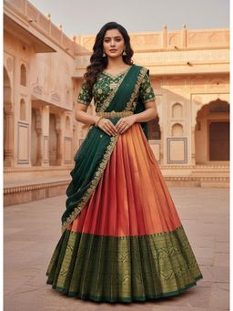 Fabcartz - Pink Unstitch Lehenga with Embroidery Work Blouse & Dupatta