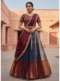 Fabcartz - Blue Unstitch Lehenga with Embroidery Work Blouse & Dupatta