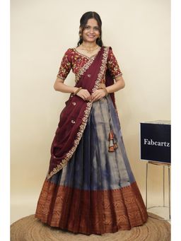 Fabcartz - Blue Semi-Stitch Lehenga with Unstitch Embroidery Work Blouse & Dupatta