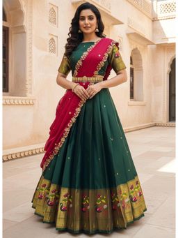 Fabcartz - Green Unstitch Lehenga with Blouse & Dupatta