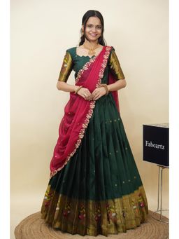Fabcartz - Green Semi-Stitch Lehenga with Unstitch Blouse & Dupatta