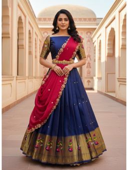 Fabcartz - Navy Blue Unstitch Lehenga with Blouse & Dupatta