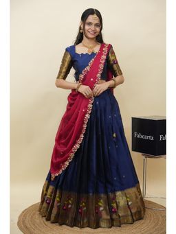 Fabcartz - Navy Blue Semi-Stitch Lehenga with Unstitch Blouse & Dupatta
