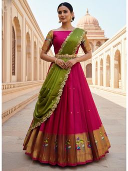 Fabcartz - Pink Unstitch Lehenga with Blouse & Dupatta