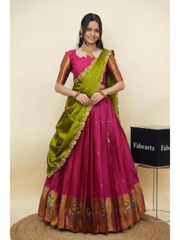 Fabcartz - Pink Semi-Stitch Lehenga with Unstitch Blouse & Dupatta