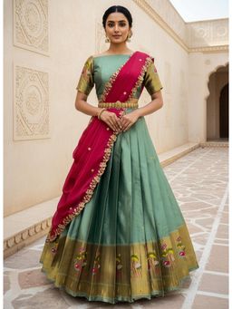 Fabcartz - Green Unstitch Lehenga with Blouse & Dupatta