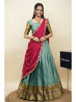 Fabcartz - Green Semi-Stitch Lehenga with Unstitch Blouse & Dupatta