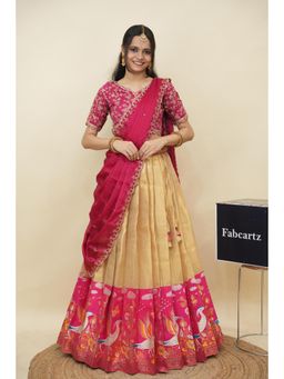 Fabcartz - Cream Semi-Stitch Lehenga with Unstitch Embroidery Work Blouse & Dupatta