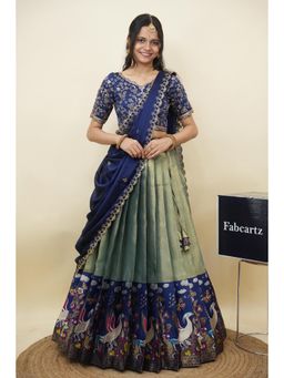 Fabcartz - Blue Semi-Stitch Lehenga with Unstitch Embroidery Work Blouse & Dupatta