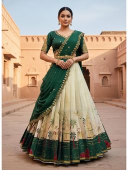 Fabcartz - Green Unstitch Lehenga with Embroidery Work Blouse & Dupatta