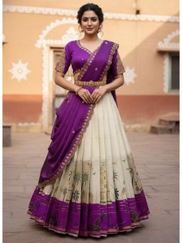 Fabcartz - Purple Unstitch Lehenga with Embroidery Work Blouse & Dupatta