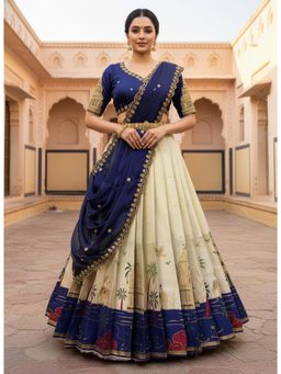 Fabcartz - Navy Blue Unstitch Lehenga with Embroidery Work Blouse & Dupatta