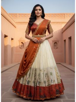 Fabcartz - Orange Unstitch Lehenga with Embroidery Work Blouse & Dupatta
