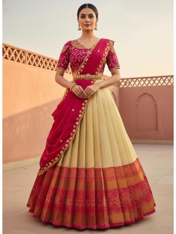 Fabcartz - Cream Unstitch Lehenga with Embroidery Work Blouse & Dupatta