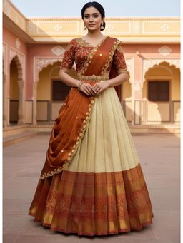Fabcartz - Cream Unstitch Lehenga with Embroidery Work Blouse & Dupatta