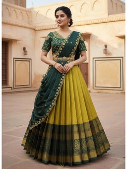 Fabcartz - Yellow Unstitch Lehenga with Embroidery Work Blouse & Dupatta