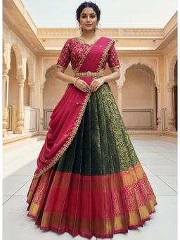 Fabcartz - Green Unstitch Lehenga with Embroidery Work Blouse & Dupatta