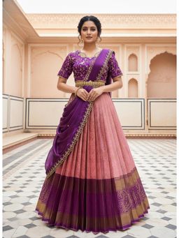 Fabcartz - Pink Unstitch Lehenga with Embroidery Work Blouse & Dupatta