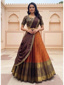 Fabcartz - Orange Unstitch Lehenga with Embroidery Work Blouse & Dupatta