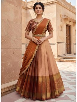 Fabcartz - Orange Unstitch Lehenga with Embroidery Work Blouse & Dupatta