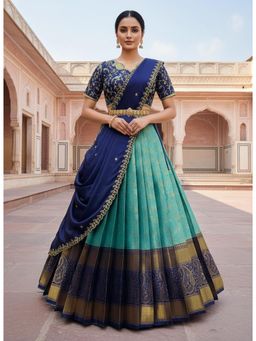 Fabcartz - Blue Unstitch Lehenga with Embroidery Work Blouse & Dupatta