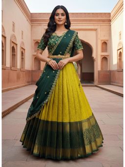 Fabcartz - Yellow Unstitch Lehenga with Embroidery Work Blouse & Dupatta