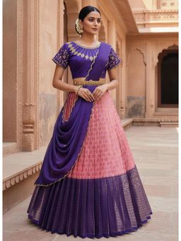 Fabcartz - Pink Unstitch Lehenga with Embroidery Work Blouse & Dupatta