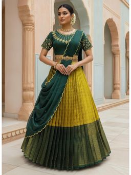 Fabcartz - Yellow Unstitch Lehenga with Embroidery Work Blouse & Dupatta