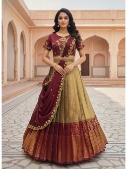 Fabcartz - Cream Unstitch Lehenga with Embroidery Work Blouse & Dupatta