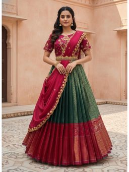 Fabcartz - Teal Unstitch Lehenga with Embroidery Work Blouse & Dupatta