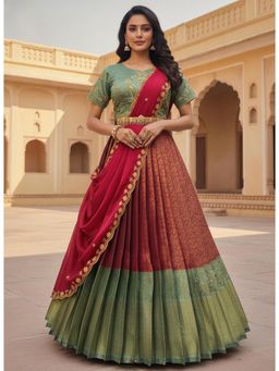 Fabcartz - Pink Unstitch Lehenga with Embroidery Work Blouse & Dupatta