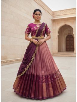 Fabcartz - Peach Unstitch Lehenga with Embroidery Work Blouse & Dupatta