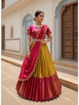 Fabcartz - Yellow Unstitch Lehenga with Embroidery Work Blouse & Dupatta