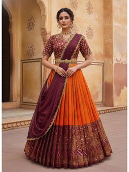 Fabcartz - Orange Unstitch Lehenga with Embroidery Work Blouse & Dupatta