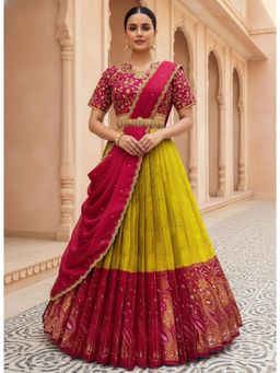 Fabcartz - Yellow Unstitch Lehenga with Embroidery Work Blouse & Dupatta