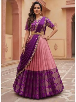 Fabcartz - Pink Unstitch Lehenga with Embroidery Work Blouse & Dupatta