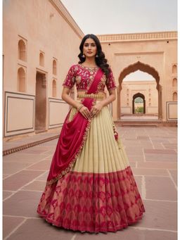Fabcartz - Cream Unstitch Lehenga with Embroidery Work Blouse & Dupatta