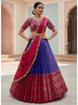 Fabcartz - Blue Unstitch Lehenga with Embroidery Work Blouse & Dupatta